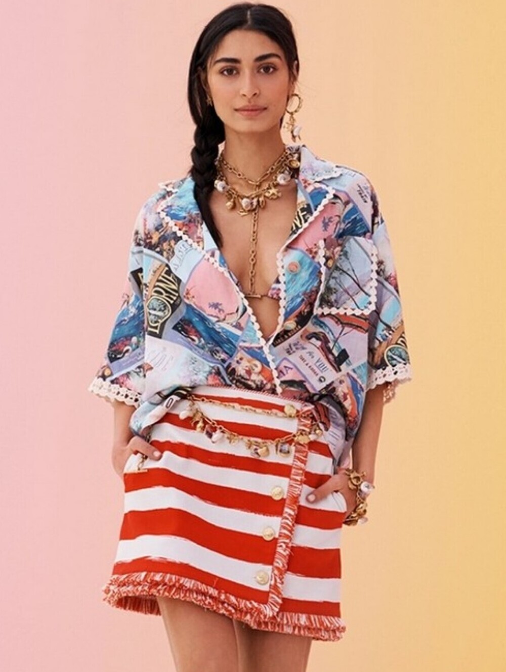 Zimmermann Oversized Postcard Print Ramie Button Up Shirt With Sash Belt '22 M/L